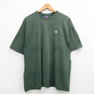 チャンピオン(Champion)のXL★古着 チャンピオン champion 半袖 ビンテージ Tシャツ メンズ 00年代 00s ワンポイントロゴ 大きいサイズ クルーネック 緑 グリーン 24may30 中古(Tシャツ/カットソー(半袖/袖なし))