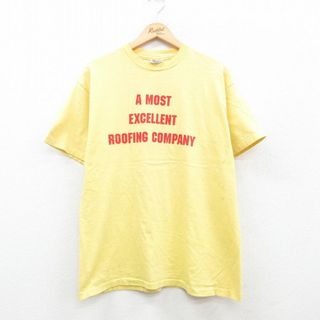 ヘインズ(Hanes)のL★古着 ヘインズ Hanes 半袖 ビンテージ Tシャツ メンズ 90年代 90s ROOFING COMPANY コットン クルーネック USA製 黄 イエロー 24may30 中古(Tシャツ/カットソー(半袖/袖なし))