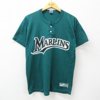 L★古着 ラッセル 半袖 ビンテージ Tシャツ メンズ 90年代 90s MLB マイアミマリーンズ ヘンリーネック USA製 緑 グリーン 霜降り メジャーリーグ ベースボール 野球 24may30 中古(Tシャツ/カットソー(半袖/袖なし))