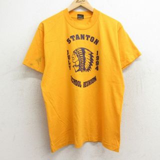 フルーツオブザルーム(FRUIT OF THE LOOM)のL★古着 フルーツオブザルーム 半袖 ビンテージ Tシャツ メンズ 90年代 90s インディアン スタニトン スクール クルーネック USA製 黄 イエロー 24may30 中古(Tシャツ/カットソー(半袖/袖なし))