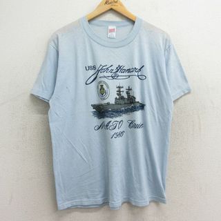 L★古着 半袖 ビンテージ Tシャツ メンズ 80年代 80s ミリタリー 軍艦 ジョンハンコック クルーネック USA製 水色 24may30 中古(Tシャツ/カットソー(半袖/袖なし))