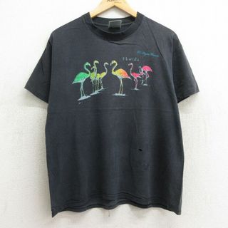 L★古着 半袖 ビンテージ Tシャツ メンズ 90年代 90s フラミンゴ コットン クルーネック 黒 ブラック 24may30 中古(Tシャツ/カットソー(半袖/袖なし))