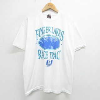 フルーツオブザルーム(FRUIT OF THE LOOM)のXL★古着 フルーツオブザルーム 半袖 ビンテージ Tシャツ メンズ 90年代 90s 馬 競馬 大きいサイズ クルーネック USA製 白 ホワイト 【spe】 24may30 中古(Tシャツ/カットソー(半袖/袖なし))