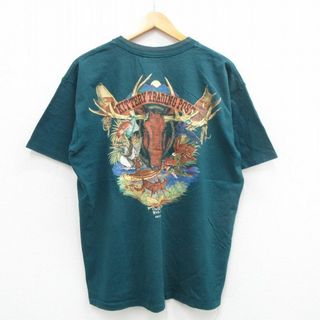 XL★古着 オニータ ONEITA 半袖 ビンテージ Tシャツ メンズ 90年代 90s シカ 魚 コットン クルーネック 緑 グリーン 24may30 中古(Tシャツ/カットソー(半袖/袖なし))