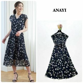 アナイ(ANAYI)の【ANAYI】フラワードローイングプリント　Ｖネックワンピース　花柄　黒　34(ロングワンピース/マキシワンピース)