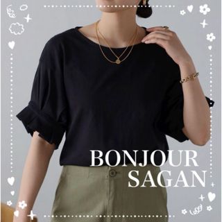 ボンジュールサガン(BONJOUR SAGAN)のBonjour sagan  袖タックTシャツ　ブラック(Tシャツ(半袖/袖なし))