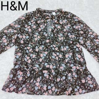 エイチアンドエム(H&M)のH&M エイチアンドエム 長袖 ブラウス 花柄 黒 ブラック XS リボン(シャツ/ブラウス(長袖/七分))