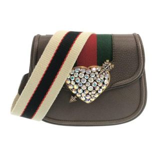 グッチ(Gucci)のGUCCI(グッチ) ショルダーバッグ美品  トーテム,シェリー(ウェブ) 500756 ダークブラウン×グリーン×レッド ハート/ラインストーン レザー(ショルダーバッグ)