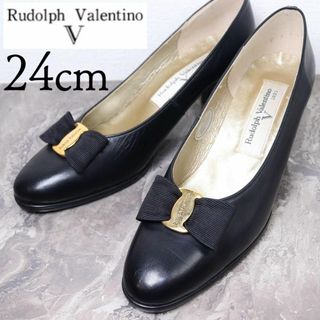 ルドルフヴァレンチノ(Rudolph Valentino)の【美品】ルドルフヴァレンティノ 24 リボン 金具 レザー パンプス 黒(ハイヒール/パンプス)