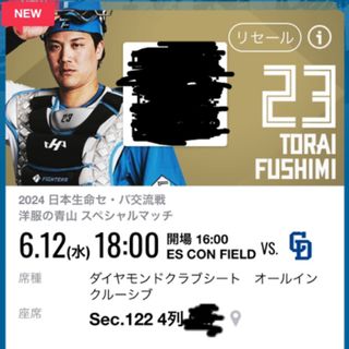 6月12日（水）☆ ファイターズvs中日ドラゴンズ ☆ 観戦チケット2枚！