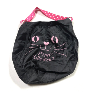 1度のみ使用 ネコ型 ハロウィンバッグ お出かけに 黒猫 水玉持ち手 お子様に(小道具)