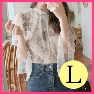 【最安値！】シフォンシャツ　レディース　シースルー　透け　デート　花柄　L(シャツ/ブラウス(長袖/七分))