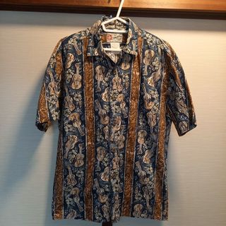 Hilo Hattie綿アロハシャツ紺ギター花紋様柄S新品同様(シャツ)