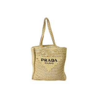 PRADA - 極美品 PRADA プラダ RAFIA ラフィア トートバッグ カゴバッグ ストロー ウィッカー イタリア製 ベージュ ブラック 中古 63959