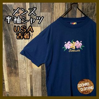 ネイビー ダサかわ 刺繍 花 L メンズ USA古着 半袖 Tシャツ(Tシャツ/カットソー(半袖/袖なし))