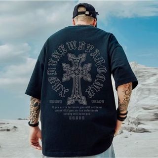 【限定商品】半袖 Tシャツ ブラック XL 十字架 ストリート ビッグシルエット(Tシャツ/カットソー(半袖/袖なし))