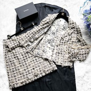 CHANEL - 美品　CHANEL シャネル　シースルー  千鳥格子　総刺繍　スーツ　カメリア