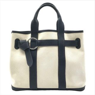 Hermes - 美品 HERMES エルメス プティット サンチュール PM ネイビー ホワイト キャンバス レザー トート ハンド バッグ シカクK刻印 a3601