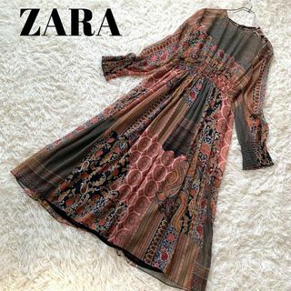 ザラ(ZARA)のzara 総柄　ザラ　ウエストマークロングワンピース　マキシ丈　S ペイズリー(その他)