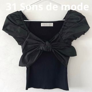 31 Sons de mode - 31 Sons de mode 布帛スリーブリボン切り替えリブニット 黒 36