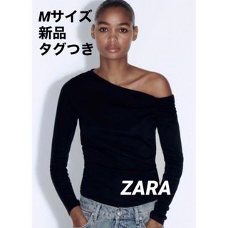 ZARA - 【完売品】ZARA ギャザーTシャツ　黒　Mサイズ　新品未使用タグつき