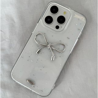 iPhoneケース🤍シルバーリボン ビジュー カバー(iPhoneケース)