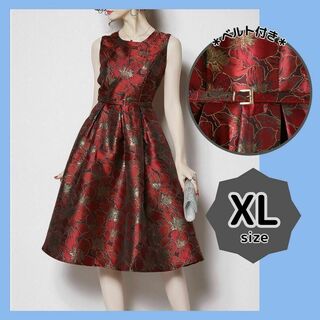 高級感 ドレスワンピ 金糸ジャガード ベルト付き 結婚式 お呼ばれ 花柄 赤XL(ミディアムドレス)