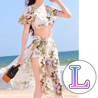 【パレオ】水着　セパレート　白　花柄　ホワイト　ハイウエスト　体形カバー　L　(水着)