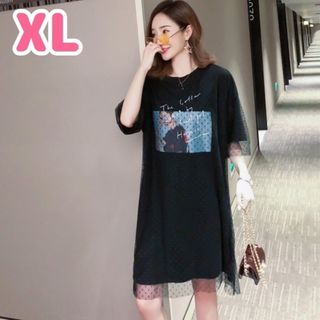 【残り1点】ドット チュール プリント Tシャツ ワンピース XL チュニック(ひざ丈ワンピース)