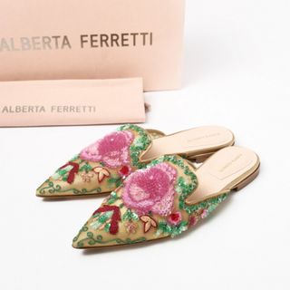 ■未使用品■ ALBERTA FERRETTI アルベルタ フェレッティ サボサンダル フラワー刺繍 靴 サイズ36（23.0cm相当）フラット ポインテッドトゥ サテン メッシュ レザー エスニック 春夏 20220325/GK3508(サンダル)