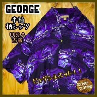 柄シャツ ジョージ ネイビー ブルー USA古着 90s 半袖 シャツ 総柄 車(シャツ)