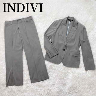 【美品】インディヴィ パンツ スーツ セットアップ ストライプ 大きいサイズ