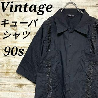 【w452】希少USA古着ビンテージ90s刺繍デザイン縦ライン半袖キューバシャツ(シャツ)