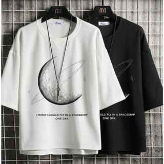 【人気商品】七分丈　トップス　ホワイト　ムーン　月　ＸＬ　シンプル(Tシャツ/カットソー(七分/長袖))