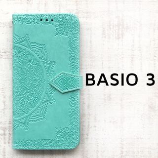 BASIO 3 手帳ケース グリーン エンボス 曼荼羅 緑(Androidケース)