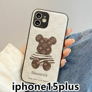 iphone15plusケース 可愛い 熊　ホワイト129(iPhoneケース)