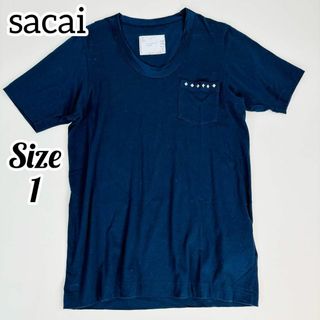 【美品】sacai サカイ Tシャツ スタッズ ネイビー 異素材 ポケット付き(Tシャツ/カットソー(半袖/袖なし))