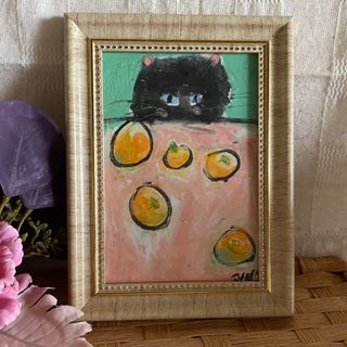 絵画。原画手描【かわいい黒猫ちゃんはオレンジを食べたい】(絵画/タペストリー)