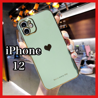 iPhone12対応ケース　モスグリーン　ハート　シンプル　可愛い　韓国　大人気(iPhoneケース)
