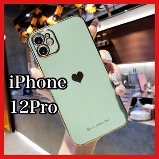 iPhone12Pro対応ケース　モスグリーン　ハート　シンプル　可愛い　韓国(iPhoneケース)
