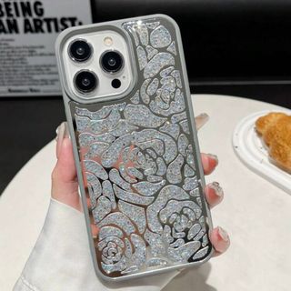 iPhone 12 Pro Max ケース　グレー　シルバー　バラ　キラキラ　花(iPhoneケース)