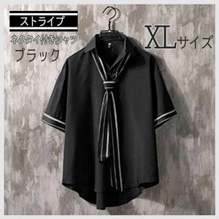 XL 黒 メンズシャツ  半袖シャツ ネクタイ付き オフィスカジュアル 韓国 夏(シャツ)