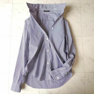 ドゥーズィエムクラス(DEUXIEME CLASSE)のドゥーズィエムクラス ストライプ 総柄 カシュクールシャツ 天然の貝釦 長袖 M(シャツ/ブラウス(長袖/七分))