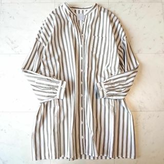 休日と詩 オークルロングシャツ ストライプ バンドカラー ロング ワイド 長袖(シャツ/ブラウス(長袖/七分))