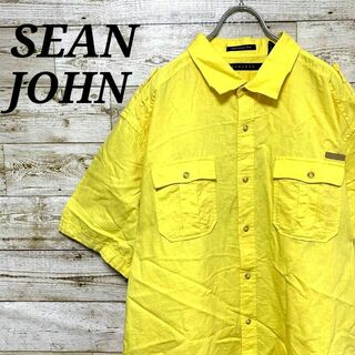ショーンジョン(Sean John)の【w401】USA古着ショーンジョン半袖シャツリネン両胸ポケットパッチロゴY2K(シャツ)