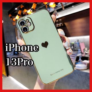 iPhone13Proケース　モスグリーン　ハート　シンプル　可愛い　韓国(iPhoneケース)