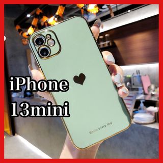 iPhone13miniケース　モスグリーン　ハート　シンプル　可愛い　韓国(iPhoneケース)
