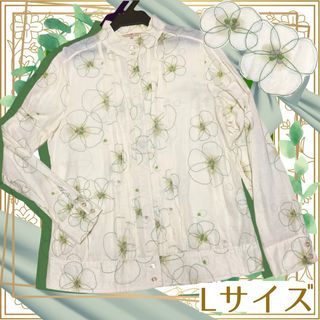 グリーン花柄長袖ブラウス/スカラー/フランシュリッペ/アース/レディースLサイズ(シャツ/ブラウス(長袖/七分))