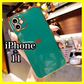 iPhone11ケース　ダークグリーン　ハート　シンプル　可愛い　韓国　大人気(iPhoneケース)