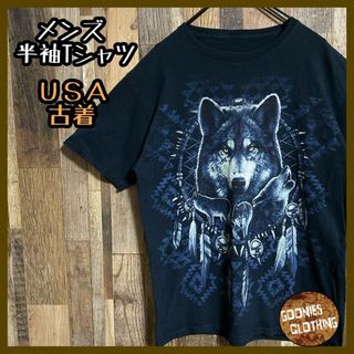 アニマル プリント オオカミ メンズ ブラック USA古着 90s半袖 Tシャツ(Tシャツ/カットソー(半袖/袖なし))